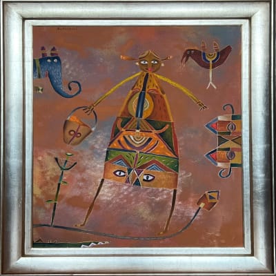 Sin título, niña con gallo y elefante